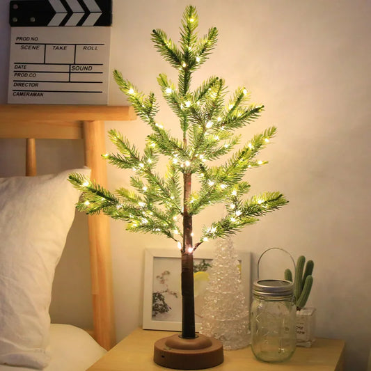 Dekoracyjna choinka LED na drewnianej podstawie – świąteczne drzewko świetlne