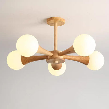Nowoczesna lampa sufitowa żyrandol z drewnianymi ramionami i kulistymi kloszami