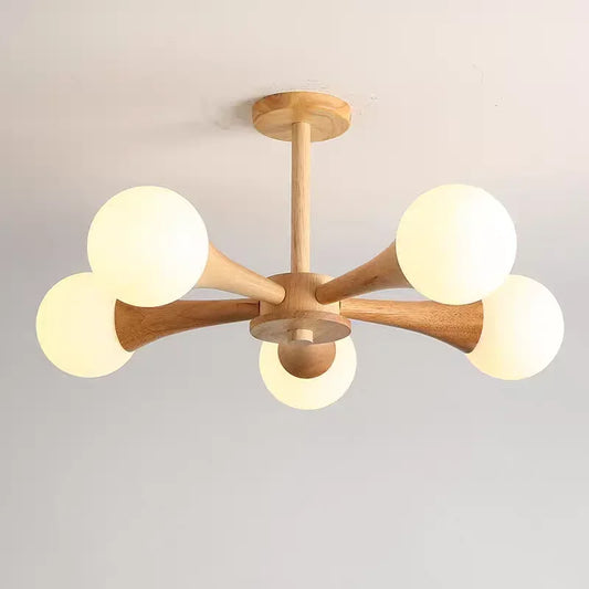 Nowoczesna lampa sufitowa żyrandol z drewnianymi ramionami i kulistymi kloszami