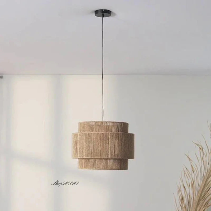 Nowoczesna sufitowa lampa boho wisząca z tkaniny z podwójnym kloszem