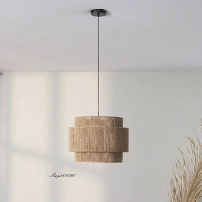 Nowoczesna sufitowa lampa boho wisząca z tkaniny z podwójnym kloszem