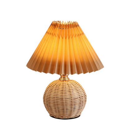 Lampka stołowa z plecioną podstawą – naturalny styl boho z plisowanym abażurem