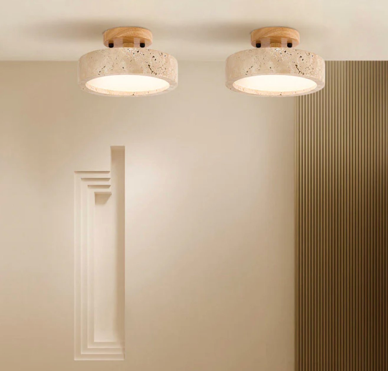 Sufitowa lampa z kamienia i drewna w stylu minimalistycznym