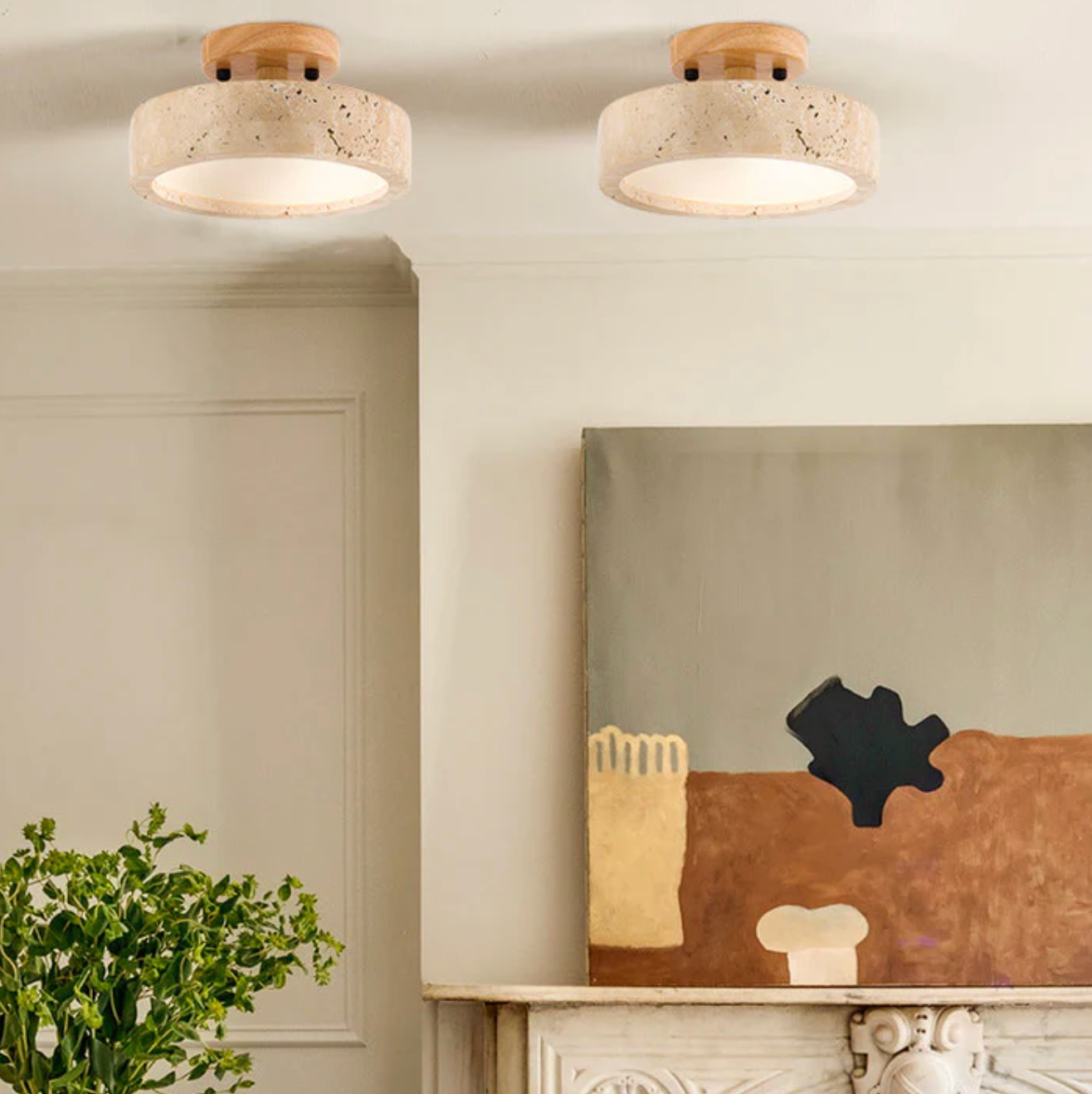 Sufitowa lampa z kamienia i drewna w stylu minimalistycznym