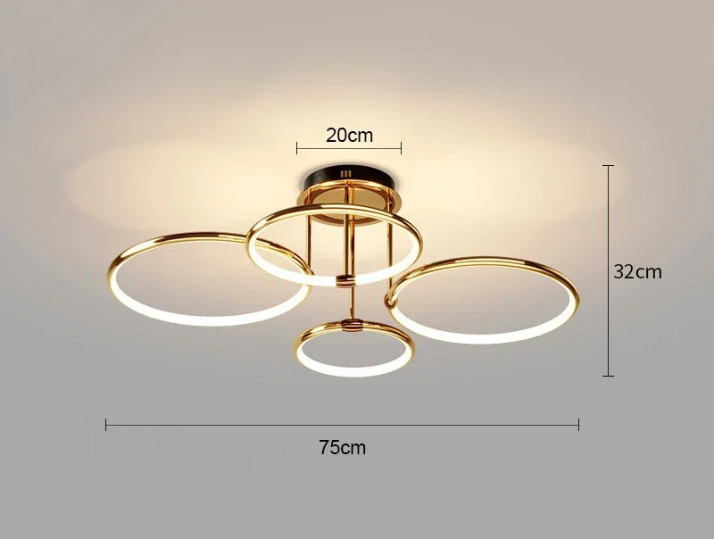 Nowoczesny żyrandol LED z pierścieniami – Złota lampa sufitowa z geometryczną formą