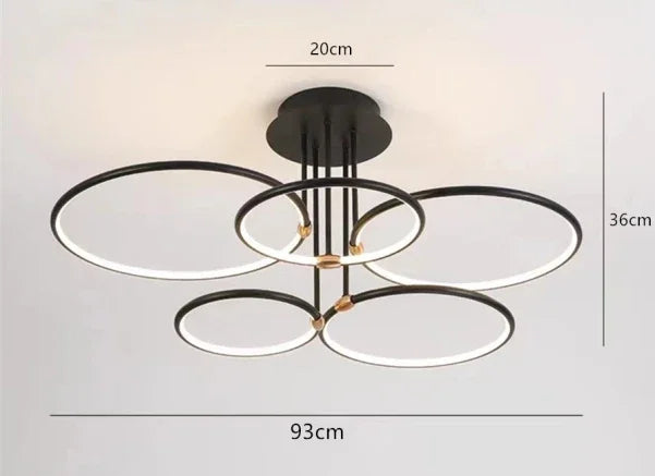 Nowoczesny żyrandol LED z pierścieniami – Złota lampa sufitowa z geometryczną formą