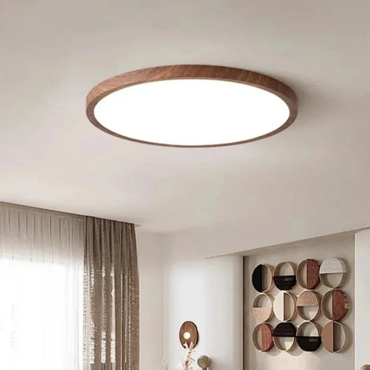 Nowoczesna okrągła lampa sufitowa LED z drewnianą ramą