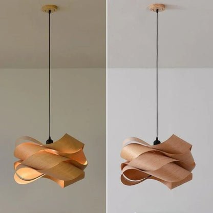 Nowoczesna lampa wisząca z zakrzywionym drewnianym designem