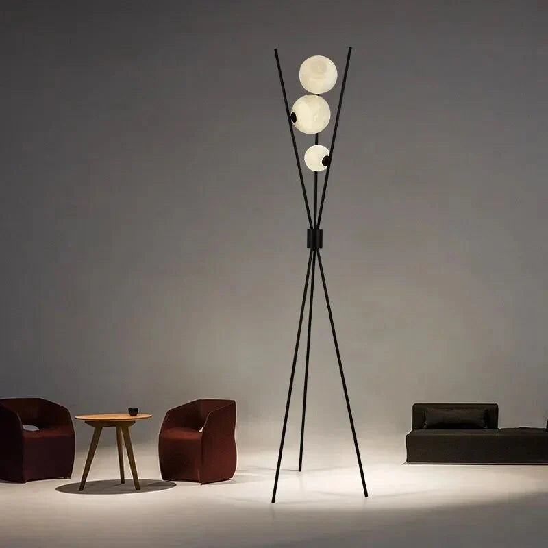 Designerska Lampa Stojąca LED z Kloszami w Kształcie Księżyca – Lampa Stołowa i Podłogowa na Trójnogu