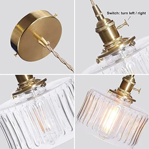 Szklana lampa wisząca w stylu vintage z ryflowanym kloszem i złotym wykończeniem