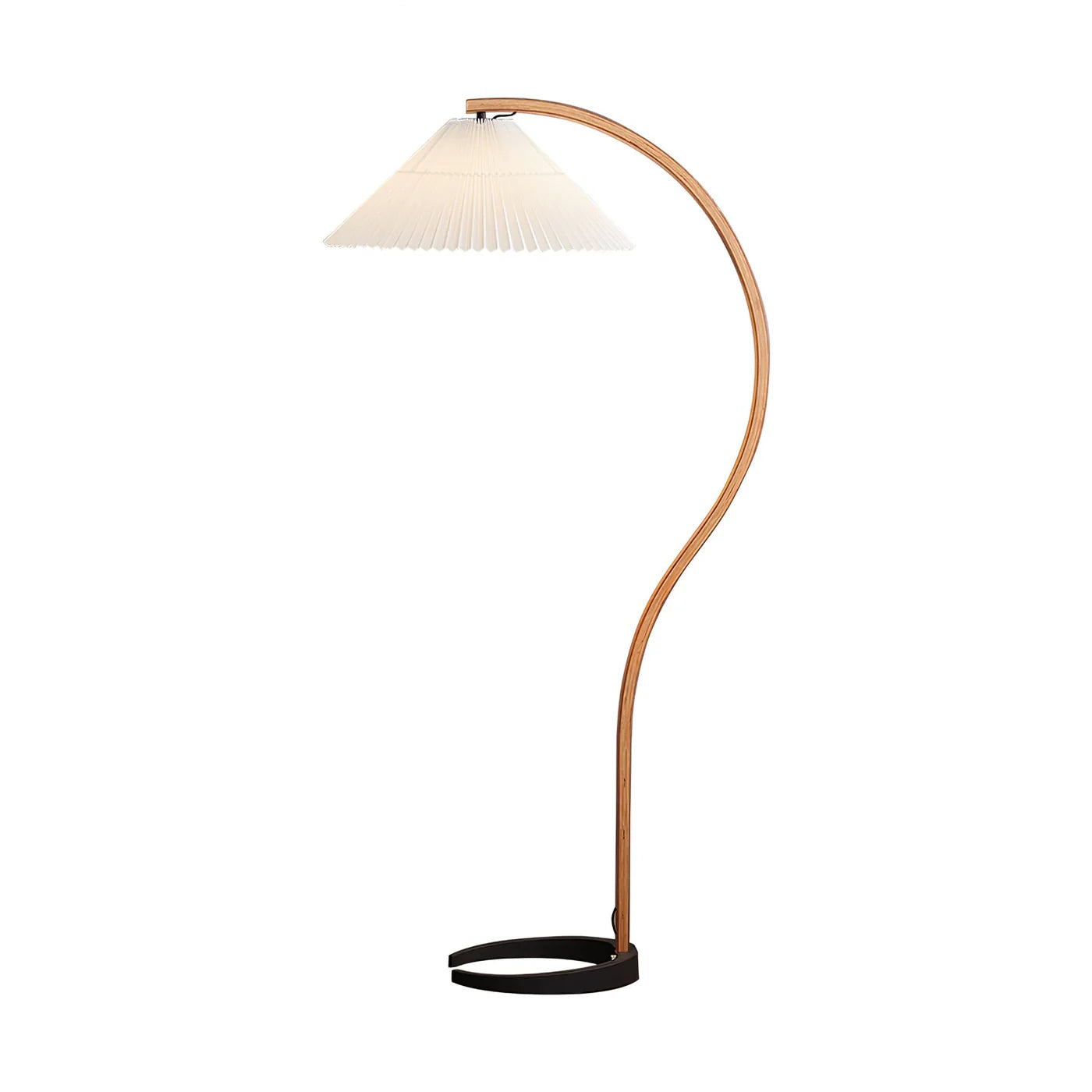 Nowoczesna Lampa Podłogowa z Drewnianą Podstawą i Tkaninowym Kloszem