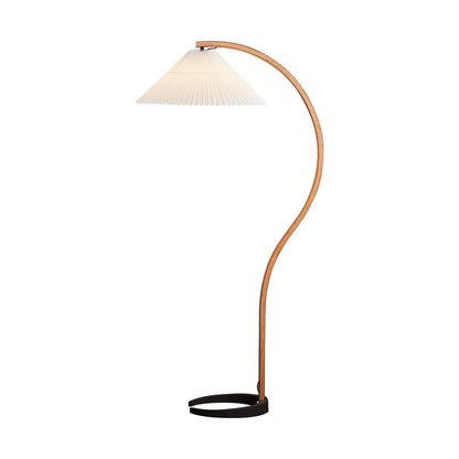 Nowoczesna Lampa Podłogowa z Drewnianą Podstawą i Tkaninowym Kloszem