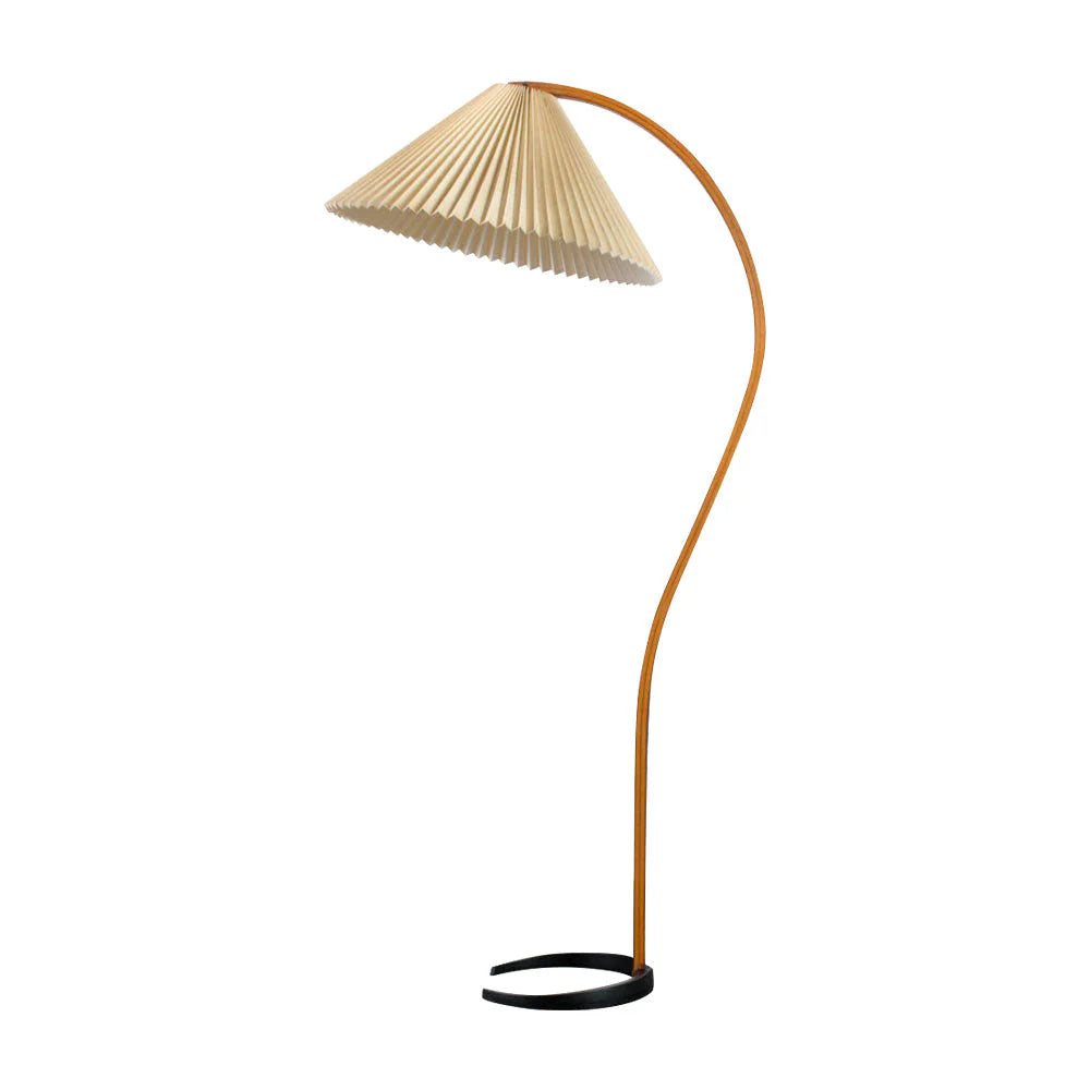 Nowoczesna Lampa Podłogowa z Drewnianą Podstawą i Tkaninowym Kloszem