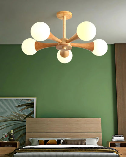 Nowoczesna lampa sufitowa żyrandol z drewnianymi ramionami i kulistymi kloszami