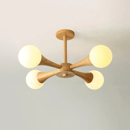 Nowoczesna lampa sufitowa żyrandol z drewnianymi ramionami i kulistymi kloszami