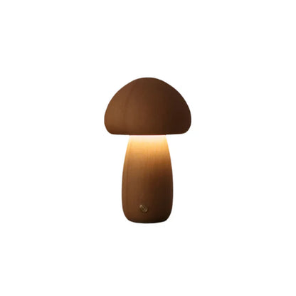Drewniana lampa stołowa LED w kształcie grzybka – przytulne światło nocne