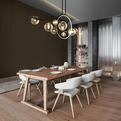 Nowoczesna lampa sufitowa z kulistymi kloszami i geometrycznym pierścieniem led