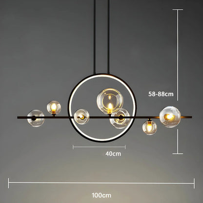 Nowoczesna lampa sufitowa z kulistymi kloszami i geometrycznym pierścieniem led